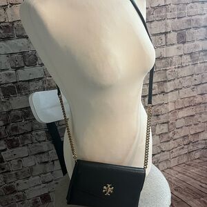 Tory Burch Black Leather Crossbody with Gold Chain and Logo